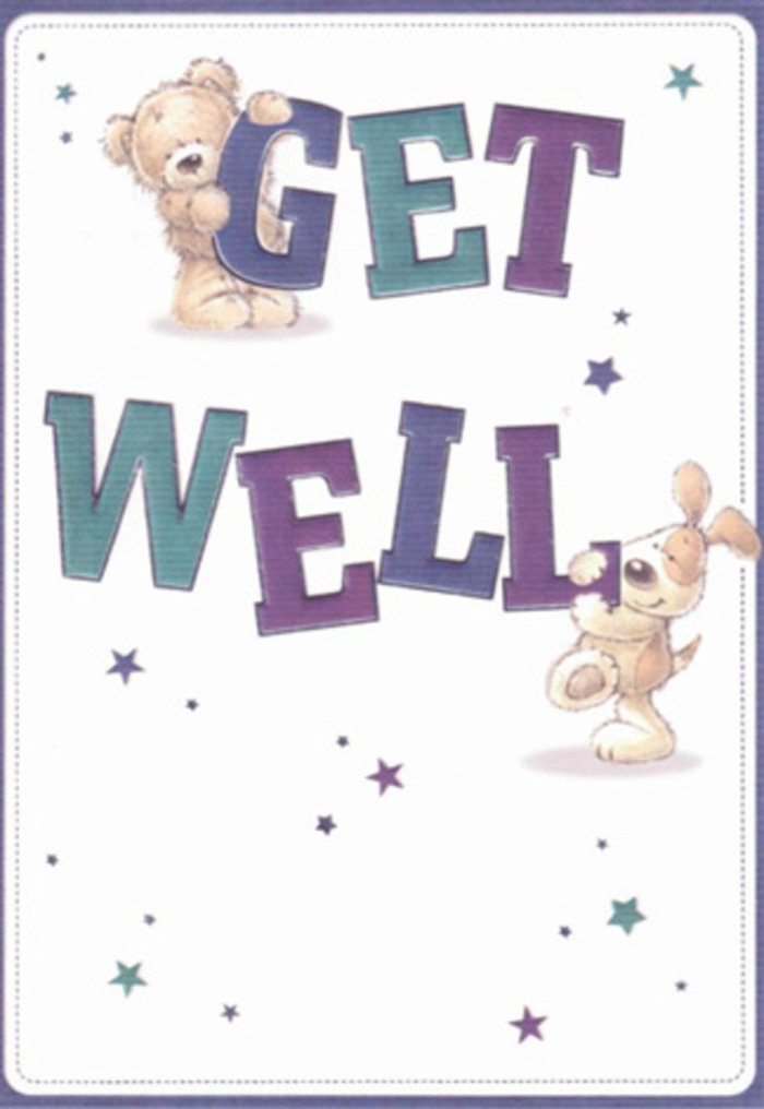 On this Surrey-themed get well card, a scene unfolds as welcoming as a local bouquet delivered by Florist Surrey along the River Wey. Two whimsical friends-a plush bear and a floppy-eared puppy-are playfully intertwined with oversized, lively letters spelling out 'Get Well'. The bear, with its downy, textured fur and wide-eyed expression, balances easily atop the deep indigo 'GET'. The charming puppy, its creamy fur illustrated with soft brushstrokes, presses against the teal 'WELL', looking up with heartfelt concern. Scattered across the pristine, sunlit background, dazzling stars in gradient hues of blue and purple evoke the gentle magic that accompanies healing wishes in local Surrey communities. The rich, confident typography grounds the design, much as a strong vase anchors a bouquet. Each detail-the bear's fur, the puppy's ears, the loose, painterly stars-conveys the same intentional care found in flower arrangements assembled with recovery in mind. This card radiates the freshness and optimism of an early morning in Surrey's leafy parks, lifting spirits with every glance. Sending this card, perhaps alongside a hand-tied bunch of fragrant lilies from a Guildford market, is a gesture filled with warmth and gentle encouragement for all ages.
